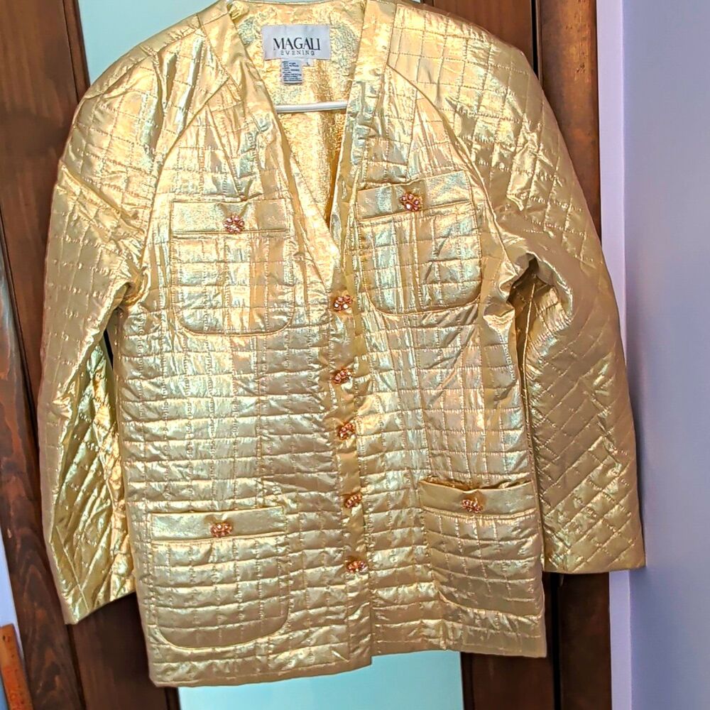 Vintage Magali Evening Quilted Metallic Gold Jacket Blazer Sz L Retro Glam